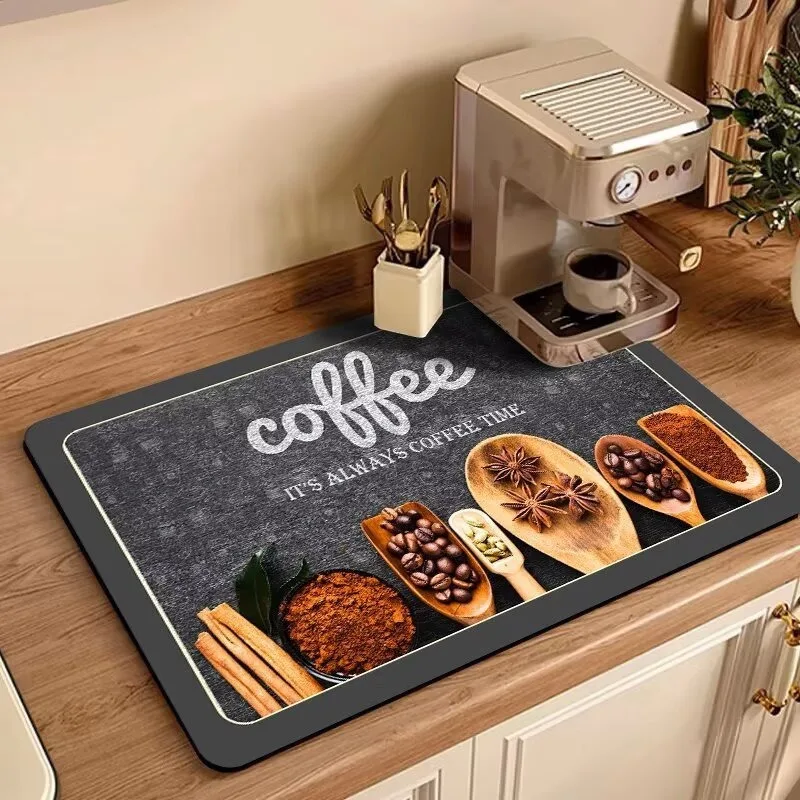 Realistic Coffee Themed Kitchen Drying Mat Non Slip Quick Dry Durable Mat For Counter Coffee Bar Sink Area Dish Drying Coffee