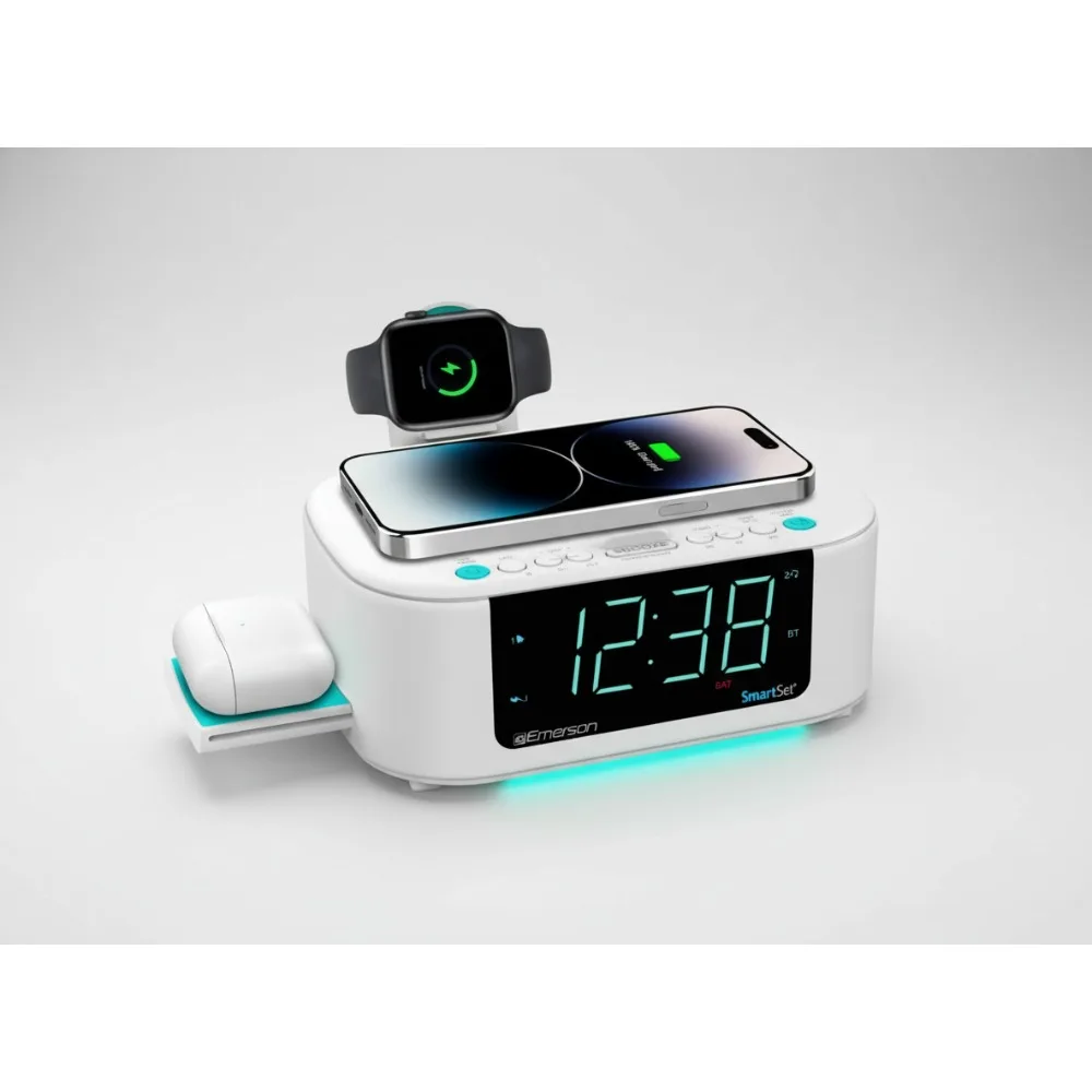 

Smart Wireless Charging Clock Radio with 15W Fast Charging, Bluetooth Speaker, Dual Alarm, FM Radio & AirPods Charger - White