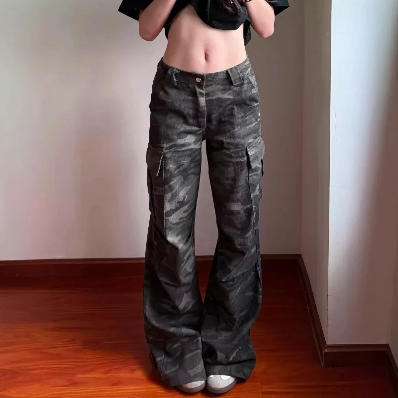 

Men Women Vintage Camouflage Wide Leg Jeans Y2K Unisex Straight Leg Denim Pants Cleanfit Streetwear Retro Loose Cargo Trousers