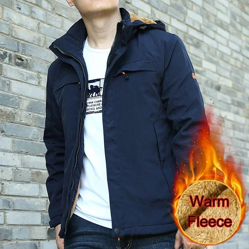 Men's Casual Jacket Fur Lined Warm Coats Windproof Jacket Men Fashion Clothing Hooded Collar Fleece Lined Warm Coat Men