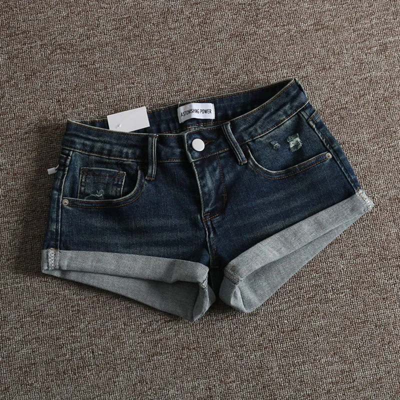 American Retro Spicy Girl Ripped Hot Pants Summer Casual Fashion Sexy Women's Slim Rolled Edge Low Waist Washed Denim Shorts view 3