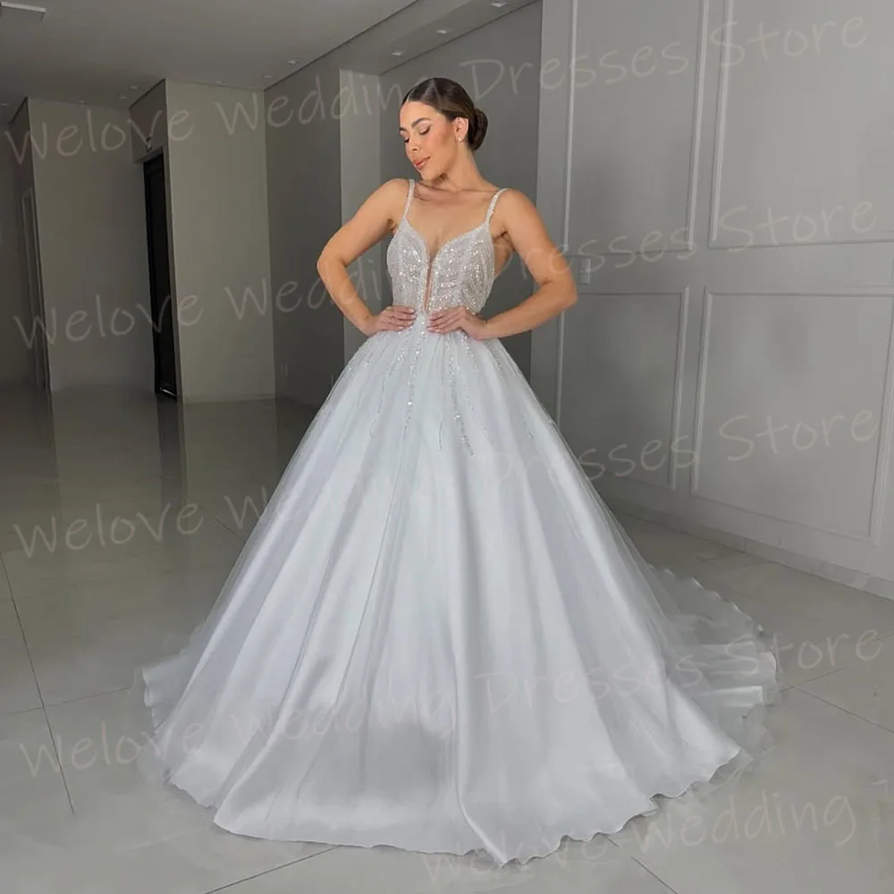 

Shiny A Line Women's Wedding Dresses Spaghetti Straps Lace Vestido Customized Bride Gowns Sleeveless Backless Robe De Mariage
