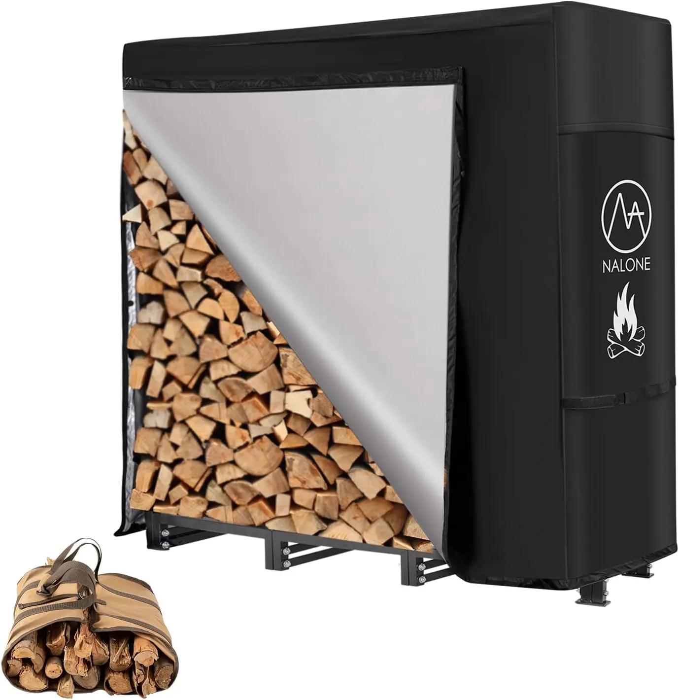 4FT Outdoor Firewood Rack with Cover&Carry Bag Heavy Duty Square Strong Stand Rack with Waterproof Cover