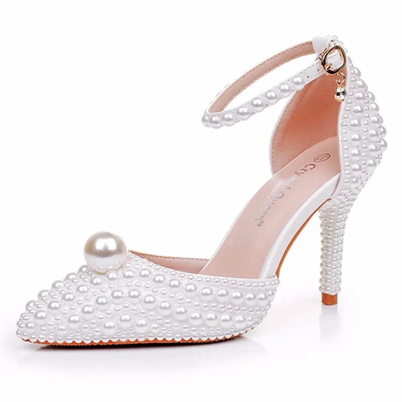 

2025 New 9.5cm Large Size Pointed Toe Women's Sandals Wedding All Pearl Wedding Shoes High Heel Elegant Party Lady Pumps Shoes