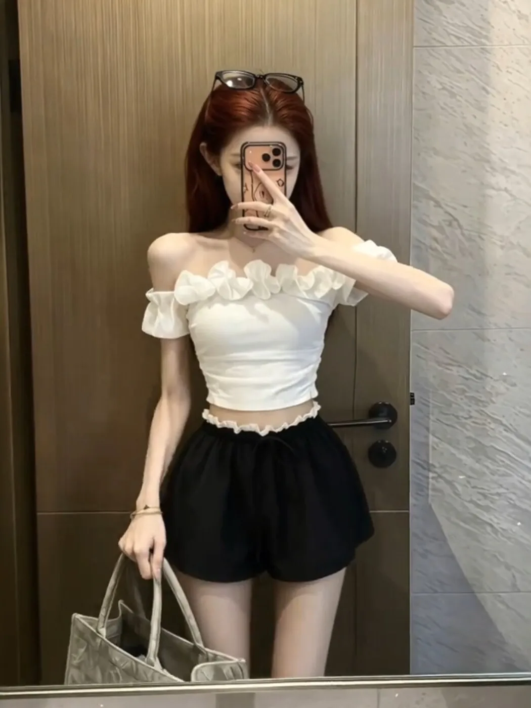 

Sweet Style Wood Grain One Shoulder Short Sleeve Women's Summer High Waist Slimming Flower Bud Short Skirt Two Piece Set