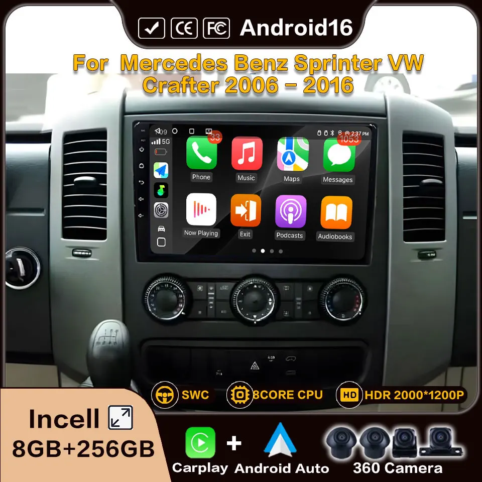 Android 16 For Mercedes Benz Sprinter Volkswagen Crafter 2006 - 2016 Multimedia Automotive Car Play 8Core Car Stereo Autoradio