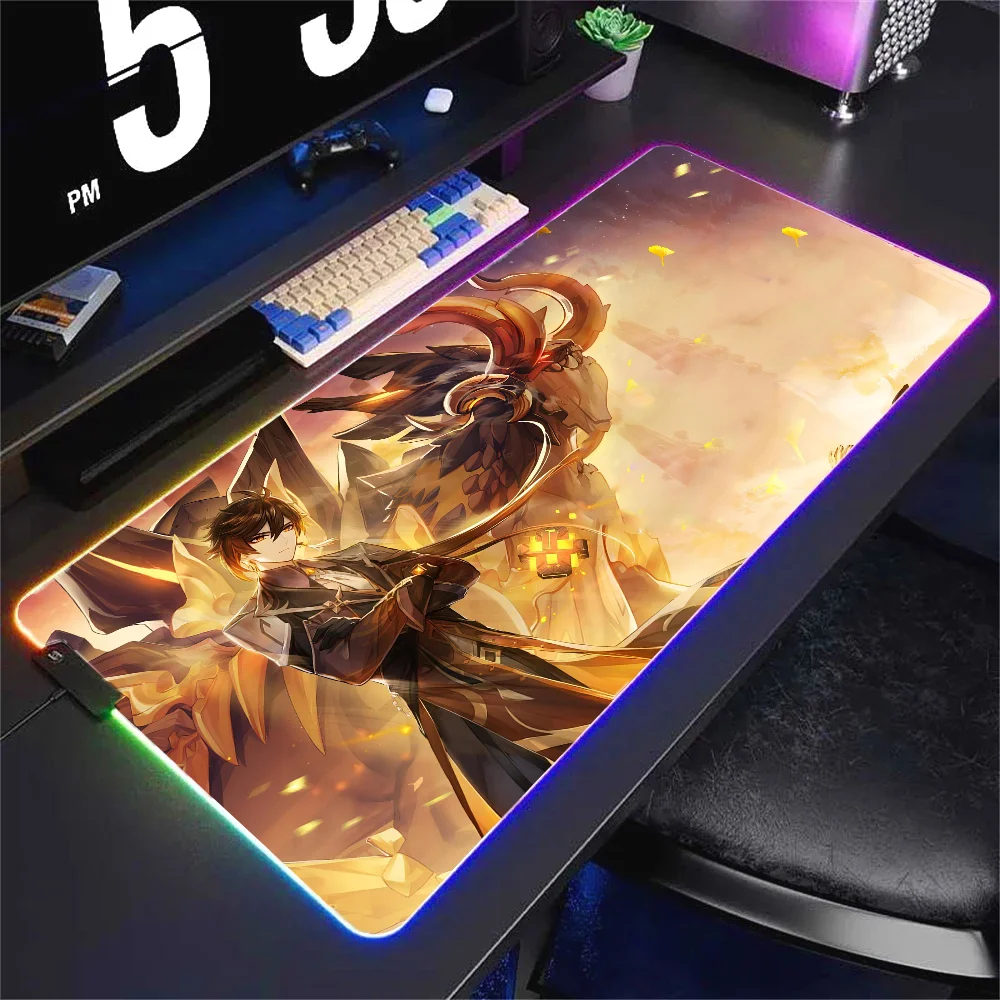 Zhongli Genshin Impact  Mousepad XXL RGB Gaming Mouse Pads HD Black Gamer Accessories Large LED