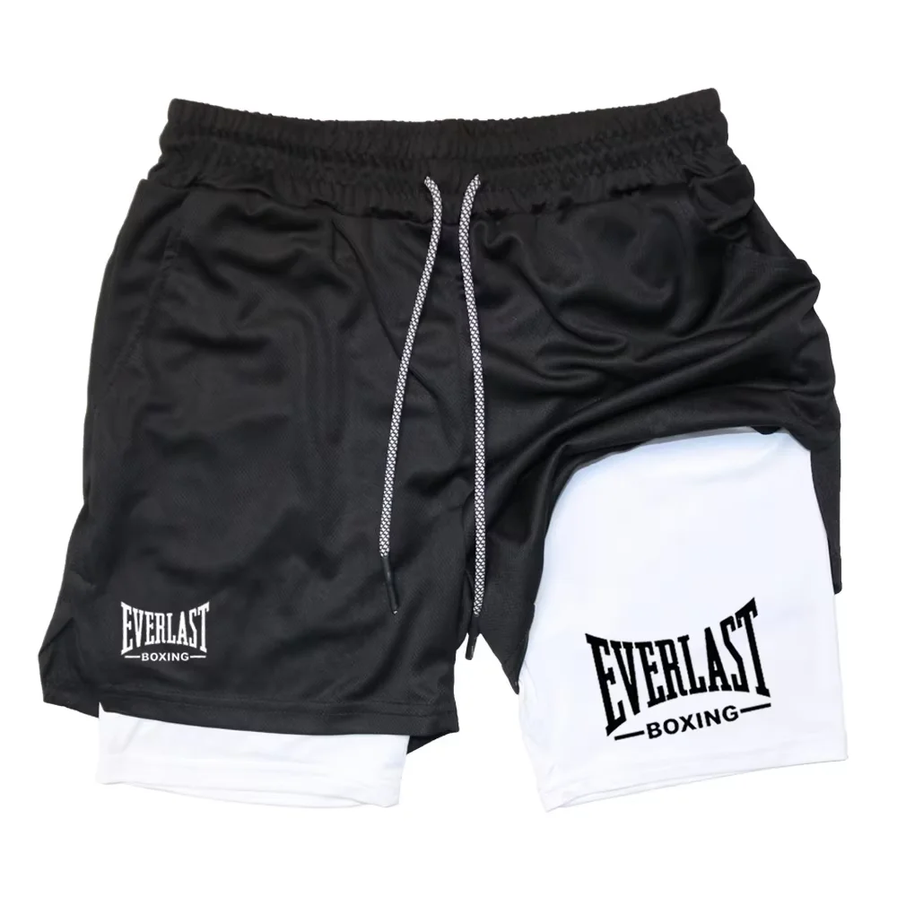 Men's compression gym shorts, EVERLAST printed sports pants, double layered, quick drying, basketball, muscle, fitness