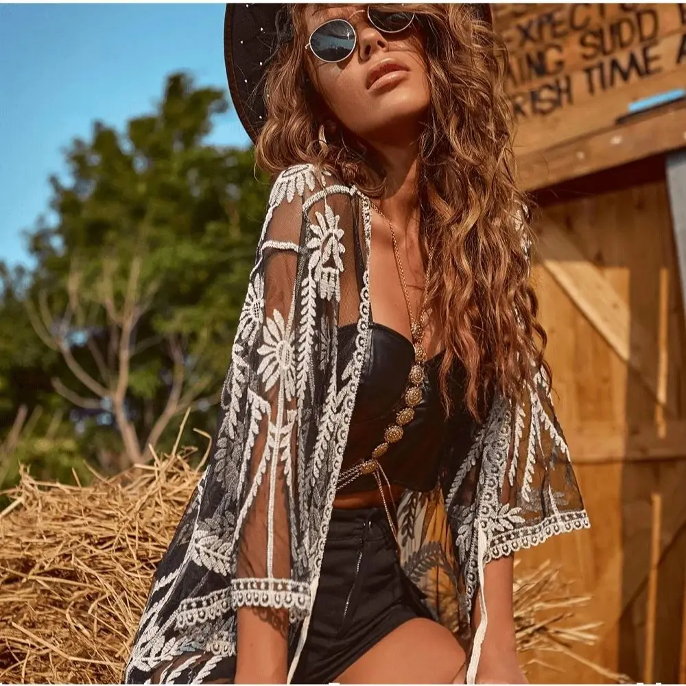 2026 Casual Sexy Style - Floral Embroidery Semi Transparent Mesh Long-Sleeved Sexy Hooded Jacket - Suitable for Beach Dating