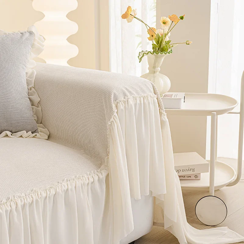 Cream Style Sofa Throw, Full Coverage All-Season Lace Skirt Sofa Cover, Universal Full Package Blanket