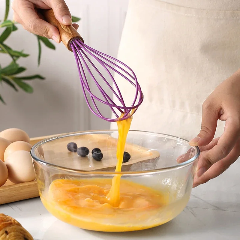 Silicone Egg Beater Whisk Wooden Handle Kitchen Hand Egg Beater Gadgets Kitchen Tools Baking Accessories