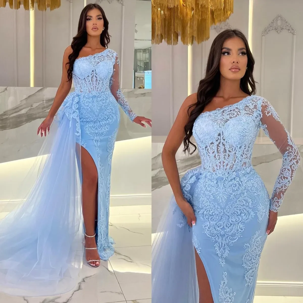 Luxurious Mermaid applique Evening dress Sexy One shoulder with detachable hemline New special occasion party ball dress