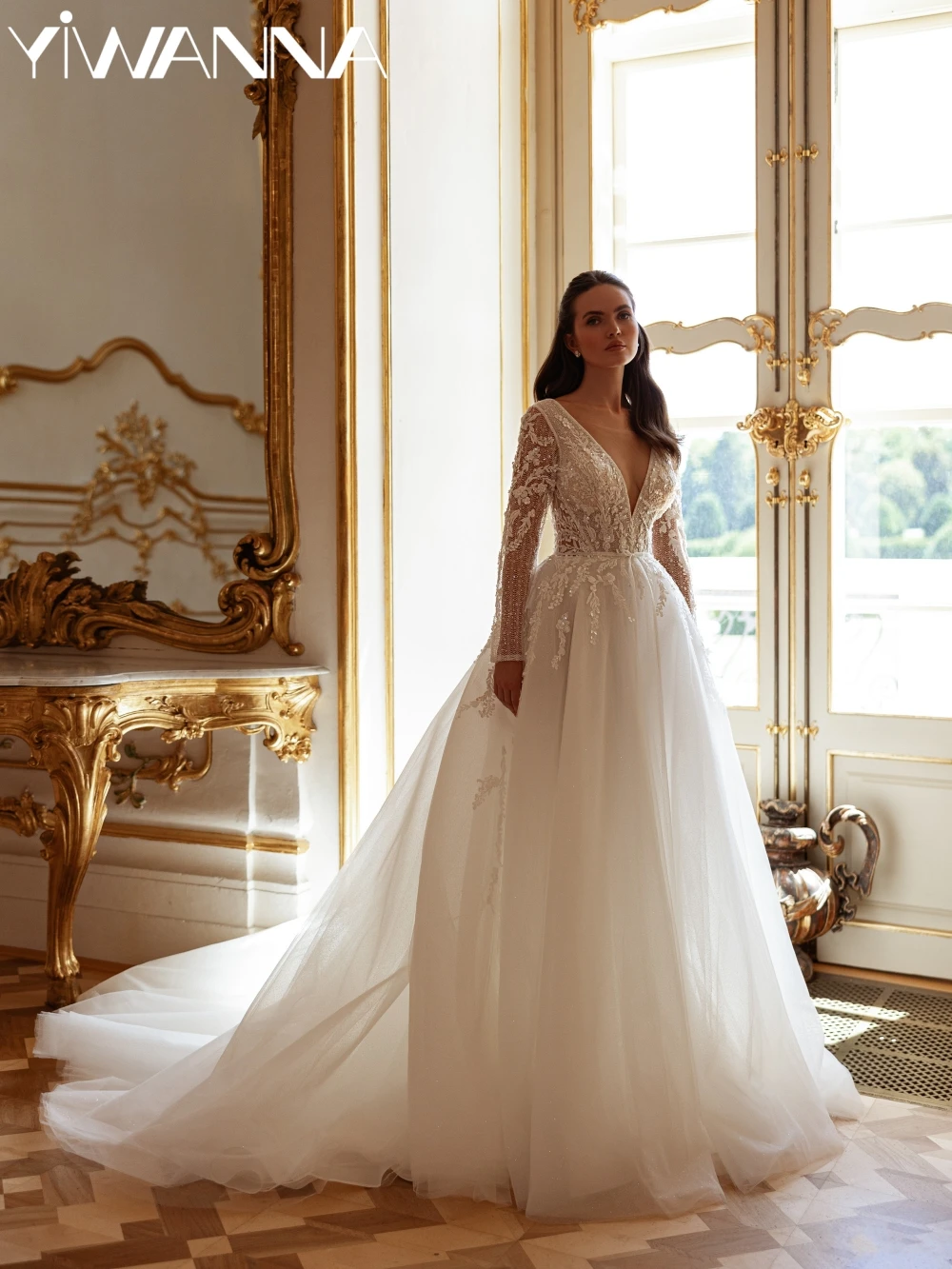 

Dreamy Glitter Beaded A-line Tulle Wedding Dress Illusion Deep V-neck Bridal Gown Customized Long Sleeve Dresses For Bride