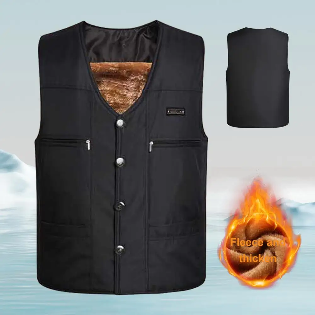 Breathable Men Vest Mid-aged Father Fishing Waistcoat Thick Plush V Neck Vest with Multi Pockets for Men's Winter Coat Men