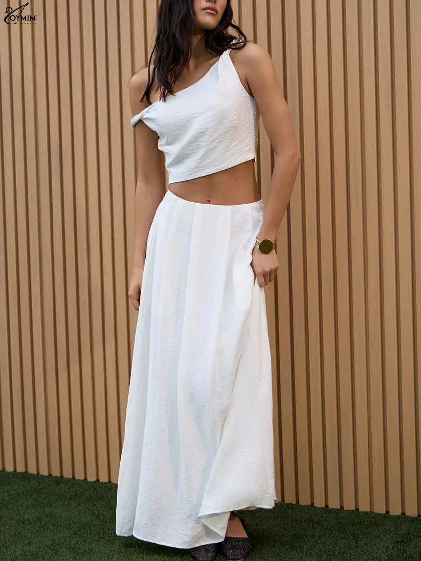 Oymimi, conjunto elegante blanco de 2 piezas para mujer, conjunto de Tops cortos con tirantes finos simples a la moda + faldas holgadas hasta el suelo de cintura media