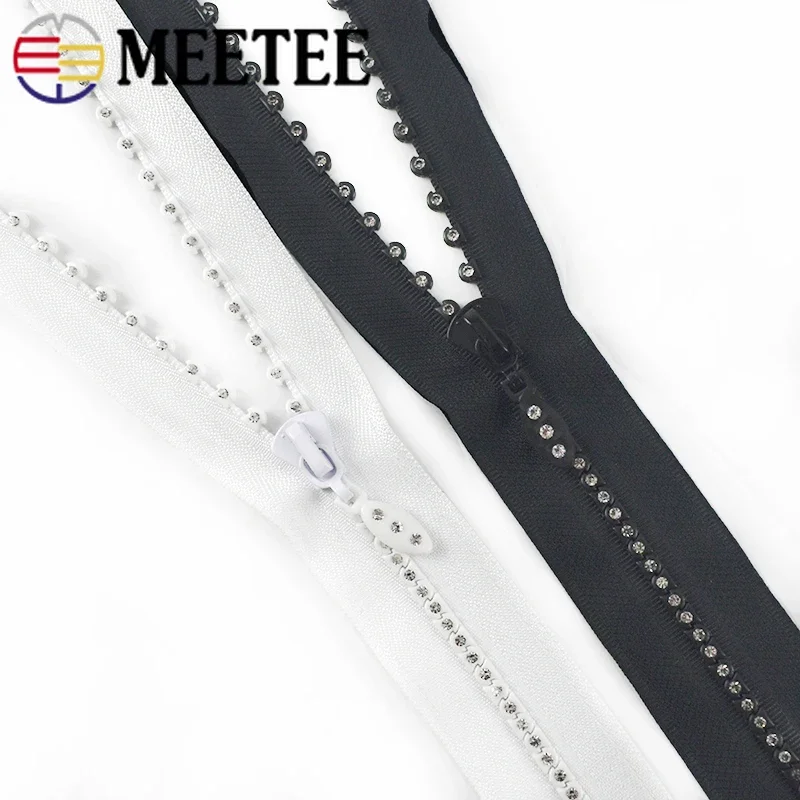 1Pc Meetee 50/60/70cm 5# Resin Rhinestone Zipper Open-End Auto Lock Diamond Decoration Zips for Jacket Coat DIY Sewing Zippers