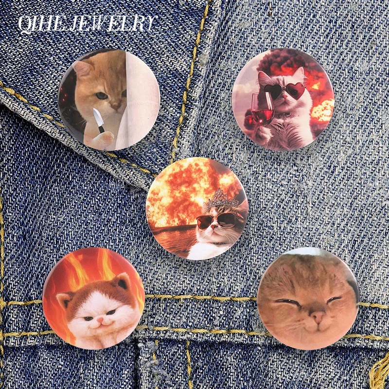 Cartoon Flame Cat Meme Badge Tinplate Soft Button Pin Funny Cute Sunglasses Cat Expressions Brooch Lapel Bag Badge Jewelry Gifts