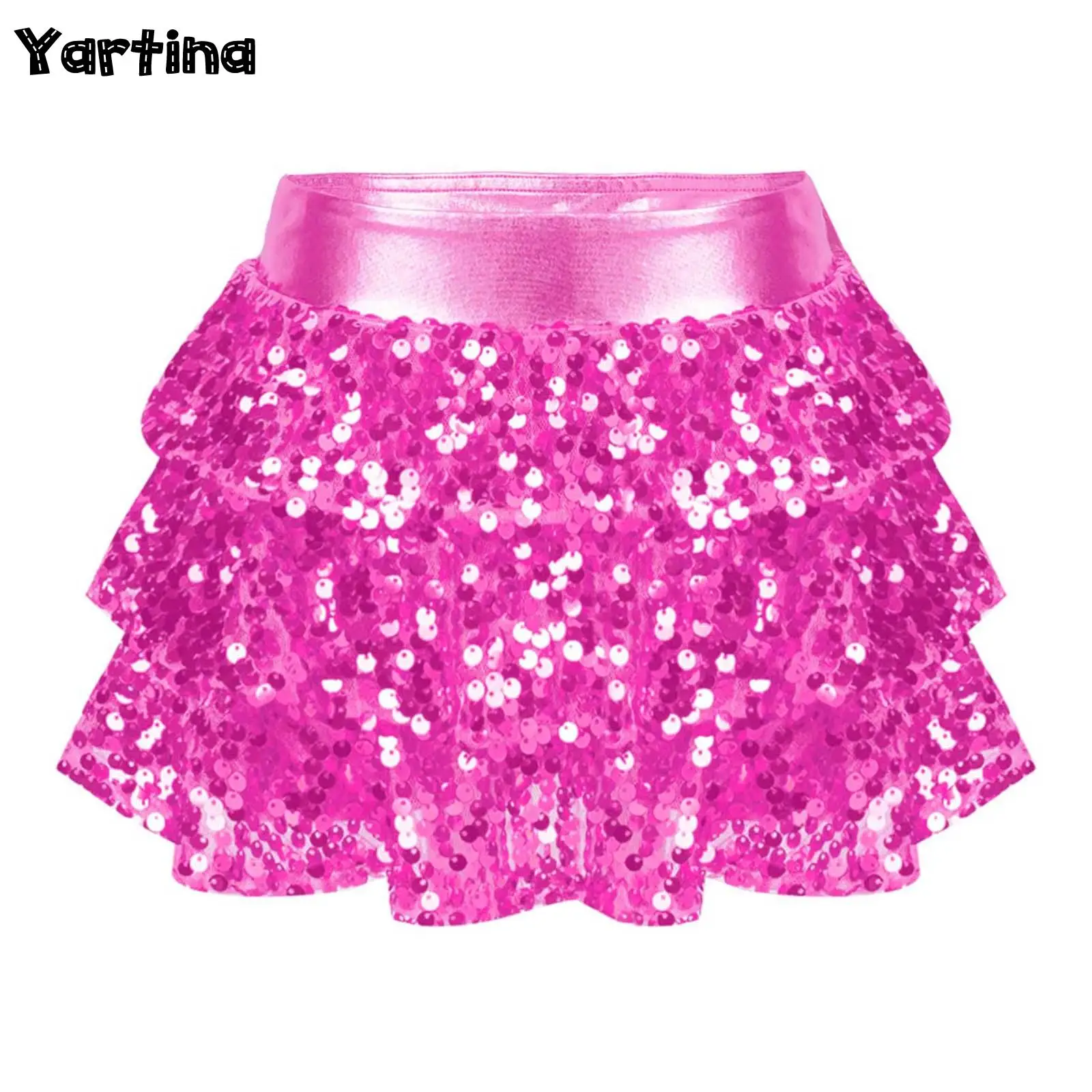 

Kids Girls Shiny Sequins Tiered Ruffle Latin Jazz Skirted Shorts Metallic Culottes Hip Hop JAZZ Dance Stage Performance Costume