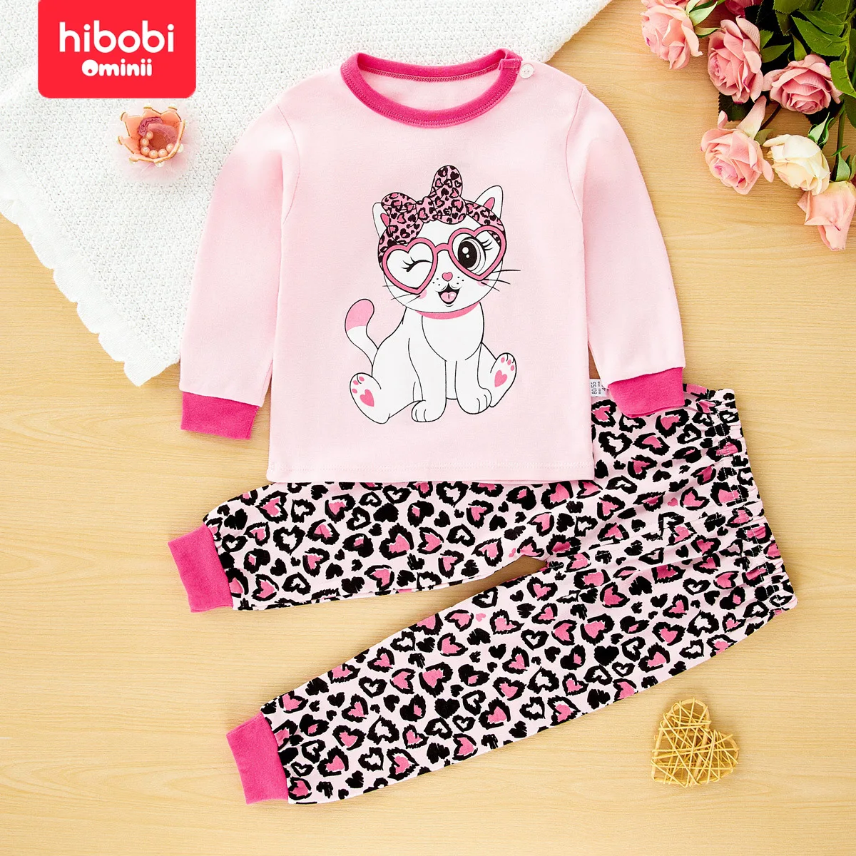 hibobi Spring 2-Piece Cute Cat Girl Round Neck Loungewear Set Comfortable Fashion Pajama Pants Set For Girls Aged 1-6 Years Old