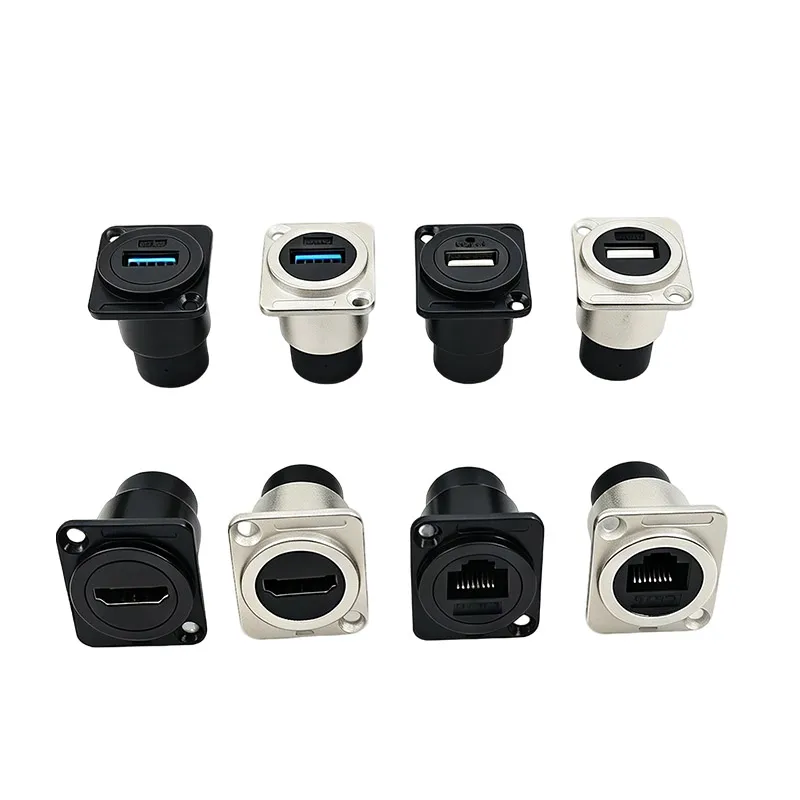 10Pcs Metal D‑Type Panel Mount Socket USB2.0 USB3.0 HDMI RJ45 CAT6 Female to Female Chassis Mount Connector Black / Silver