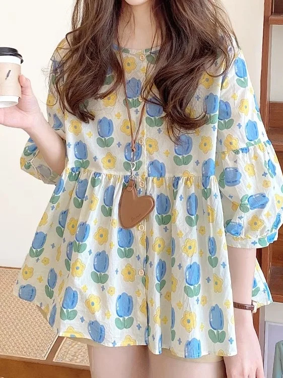 

Детский детский топ свободного кроя с пышным хлопковым цветочным принтом, милый круглый летний женский топ Ne Lampade Sves в Корейском стиле