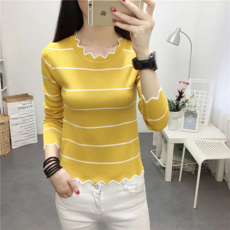 Roupas femininas listradas all-match vintage pullovers topo outono inverno nova manga longa magro moda blusas coreano high street