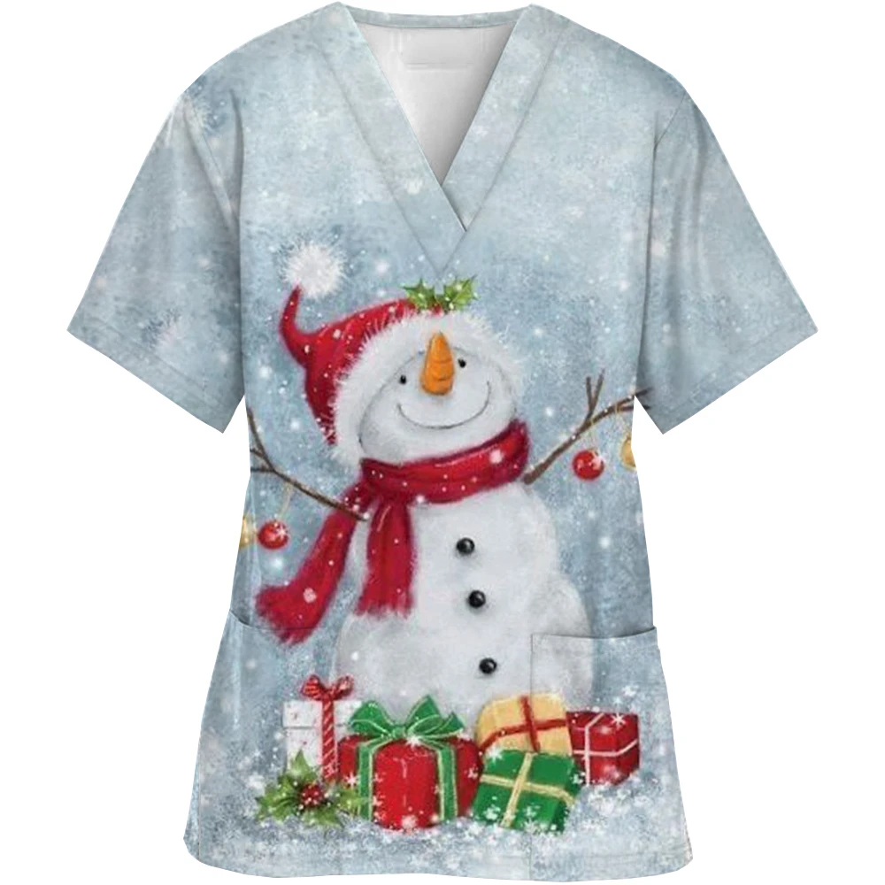 Christmas Printed V-Neck Scrubs Tops For Woman Man Blouse Cotton Surgeon Working Clothes Medical Uniform Doctor Nurse Scrub Tops