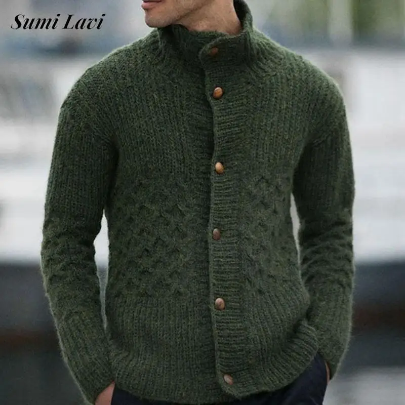 

Autumn Winter Outdoor Casual Mens Sweater Jackets Vintage Solid Color Button-up Stand Collar Cardigan Men's Knitting Coats