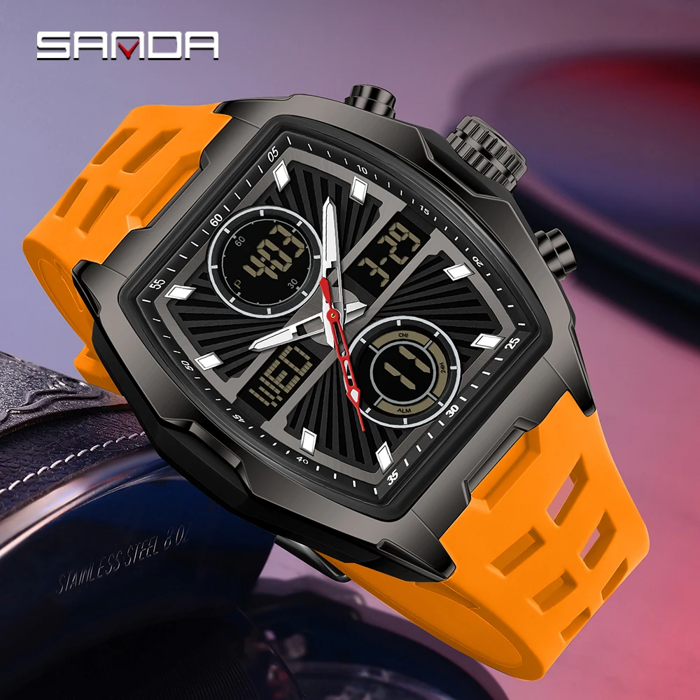 

SANDA 6299 электронные кварцевые часы для мужчин, модный Tonneau-образный циферблат, светящиеся водонепроницаемые противоударные спортивные мужские цифровые часы