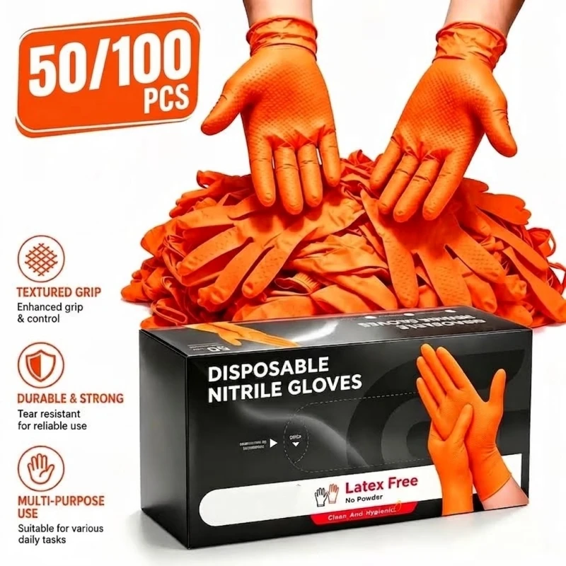 Heavy Duty Orange Diamond Nitrile Work Gloves Disposable 8Mil Thick Textured Safety Gloves for Men Construction Mechanic Garden