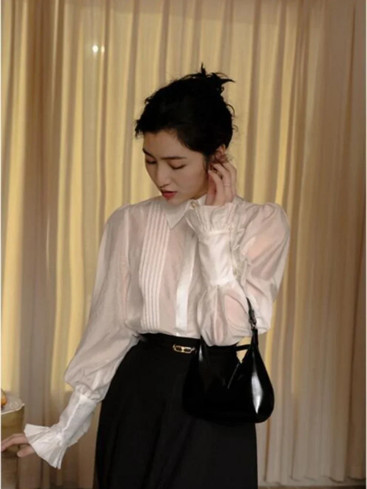 Autumn Women Lapel Collar Lace Chiffon Blouse Shirt Tops Long Sleeve Blouses Women Blusas Mujer De Moda 2024 Blouses Female E151