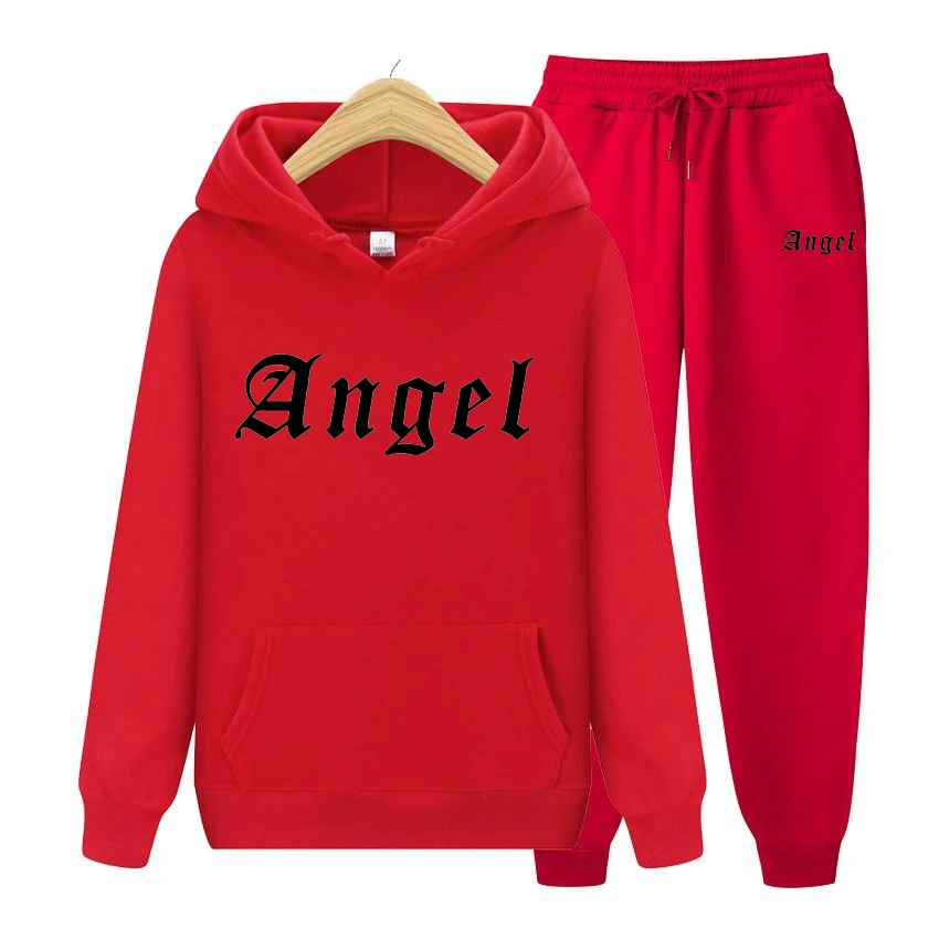 Ensemble de sweats à capuche surdimensionnés à manches longues pour femmes, sweat-shirt imprimé ange, poche, lettre, automne, hiver