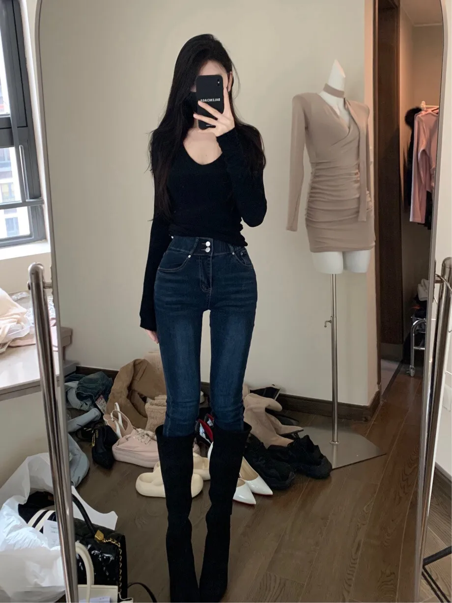 

High Waist Denim Slim Fit Pants Women's Korean Style with Hip Enlarging Pads Elasticity Pure Color Wear Resistant
