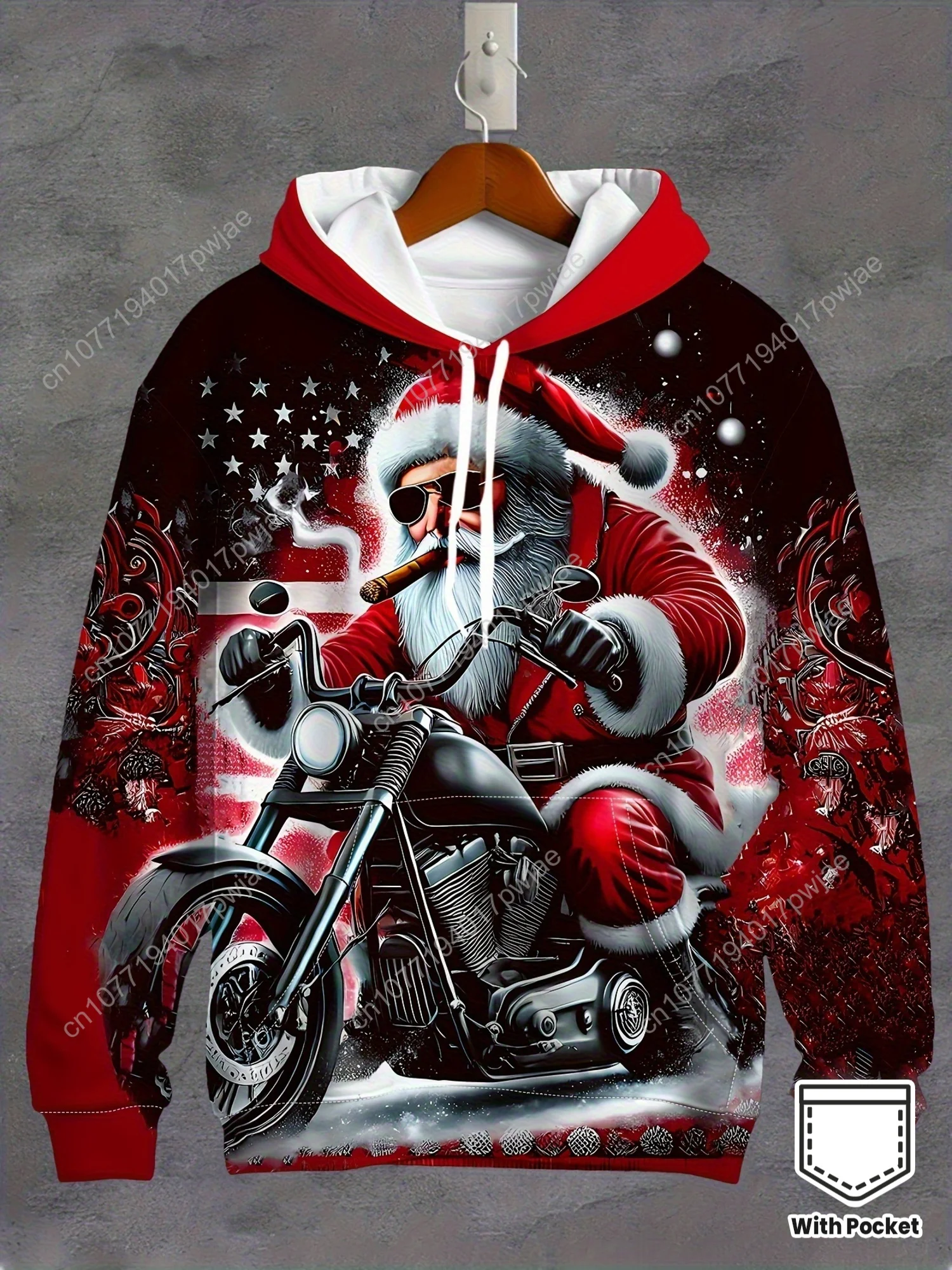 

Plus Size Men'S Festive Santa Claus Motorcycle Hoodie - Long Sleeve, Casual Pullover with Drawstring and Kangaroo Pocket, Polyes