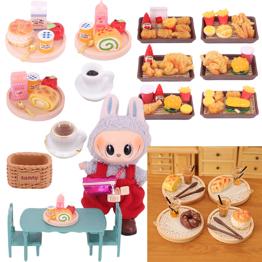 

Mini Doll Accessories For Labubu 17CM Doll Mini Cartoon Model Fried Chicken Set Bread Cake Dessert Set Dollhouse Gift,Girl's Toy