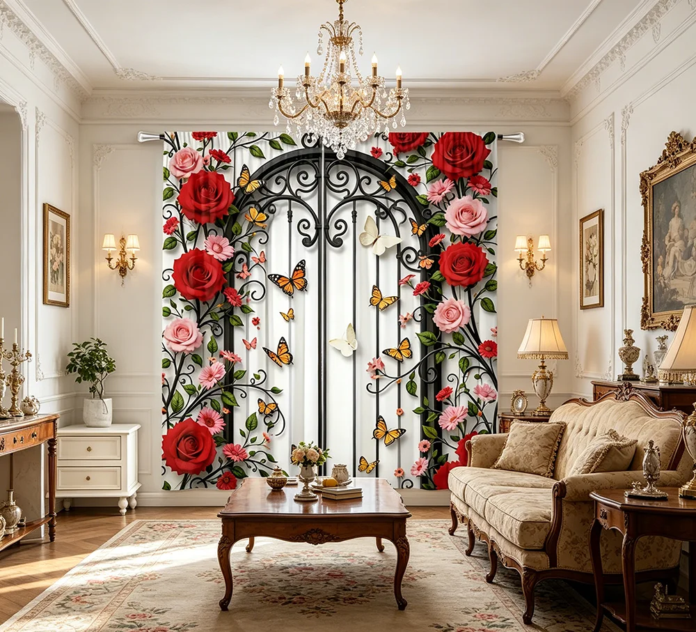 2PCS Digital Printed Curtains, European Rose Arch Door Pattern, Romantic Vintage Garden Style for Living Room Bedroom Home Decor