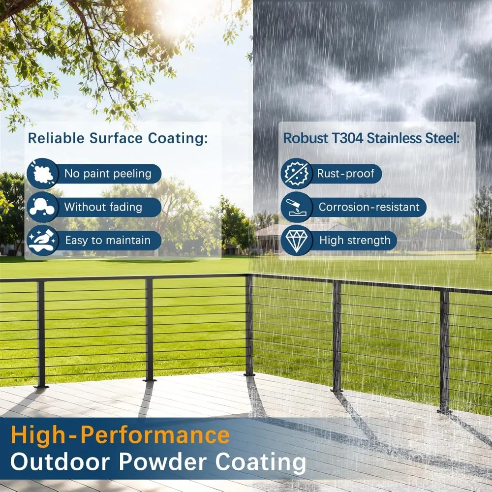 Economical Black Cable Railing System for Decks, 12-20FT, 36 Inch Posts, 4-Level, SST304 U Stainless Steel Kit