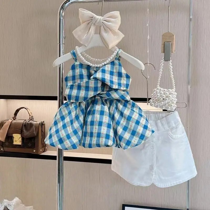 New Baby Girls Summer Fashion Sets,  Plaids T-shirt  + White  Skirts  Princess Cute  Suits   2-7 T