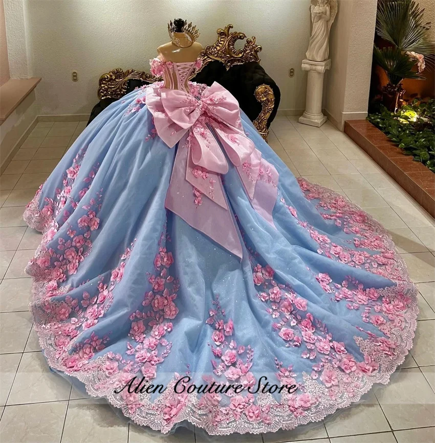 Vestido De quinceañera De princesa con flores azules De lujo, cuentas De cristal, apliques De flores 3D, Vestido dulce 16, Vestido De 15 Años personalizado