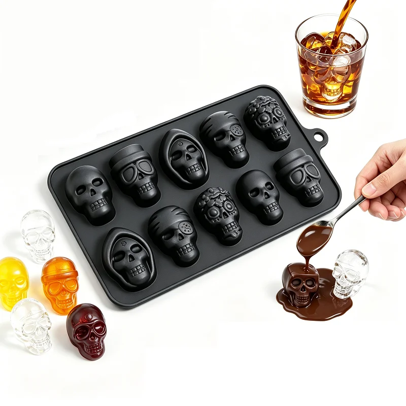 10 Grid Skull Ice Cube Mold for Halloween Kitchen Baking Tools Reusable Silicone DIY Mold for Chocolate Candy Ice Cream Mold