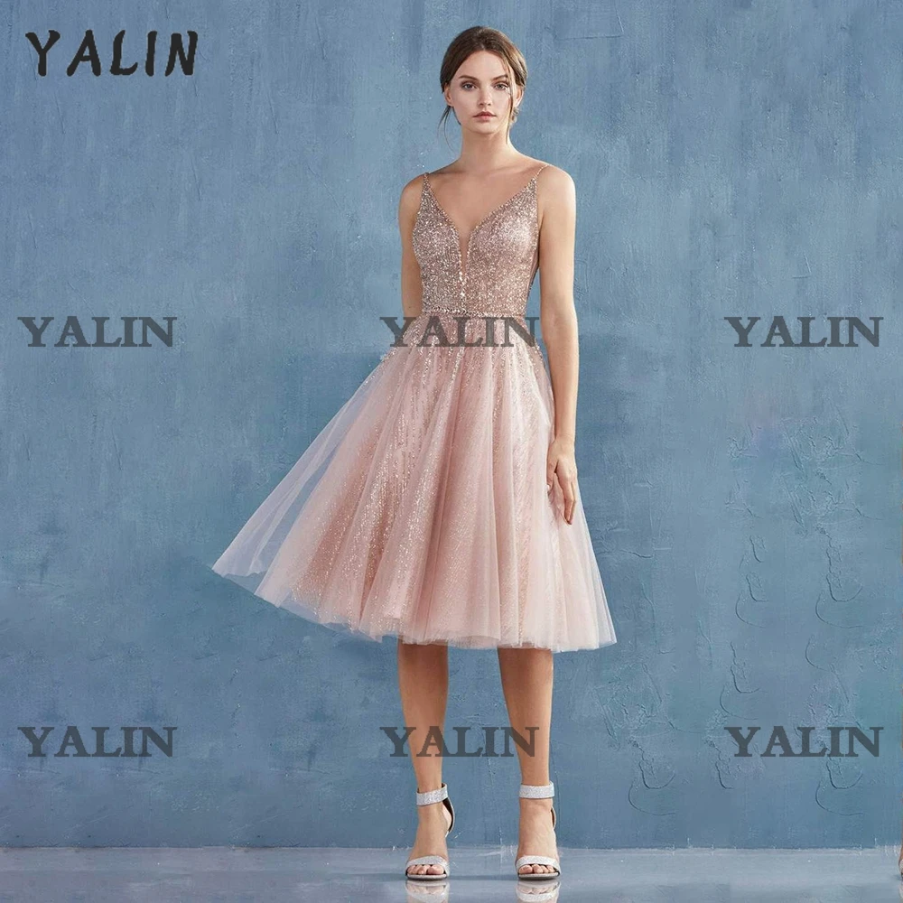 Yalin Champagne Elegante Prom Party Dress Sequenties Knie Lengte Homecoming Jurken Formele Speciale Gelegenheid Vestidos De Fiesta