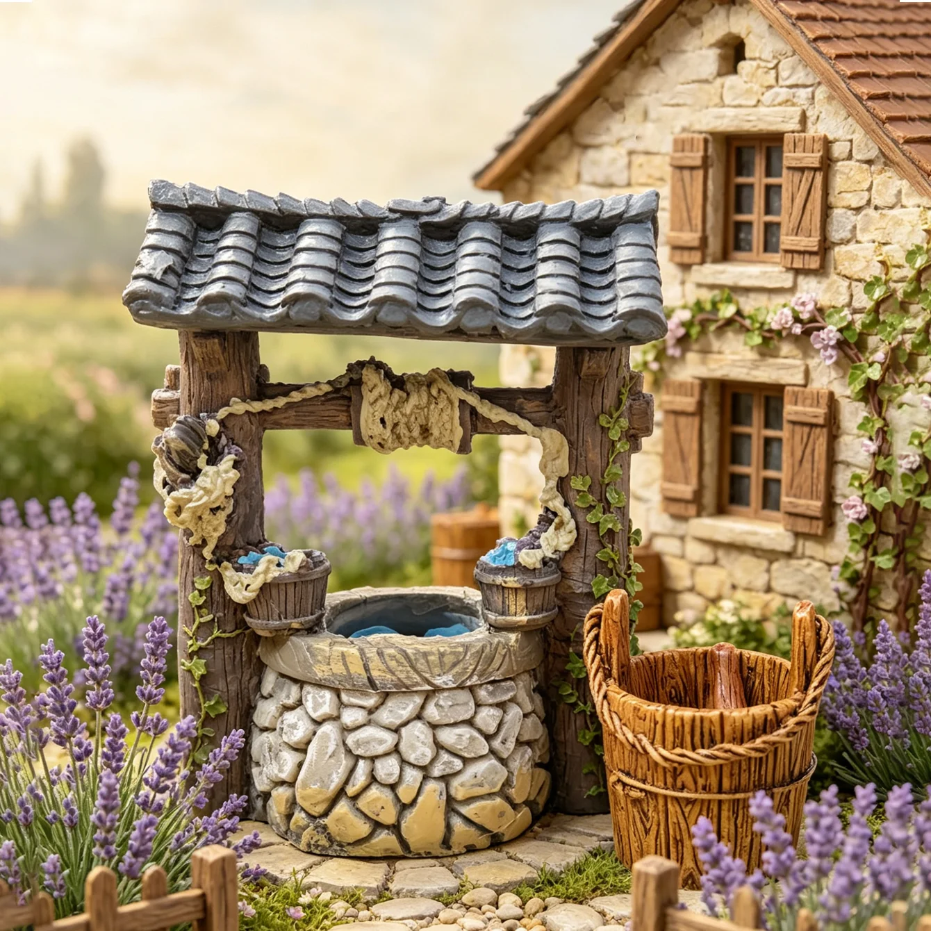 3 pcs Vintage Miniature Well Display Set, Dollhouse Farm Well and Bucket Set, Micro Landscape Garden Decoration Accessories