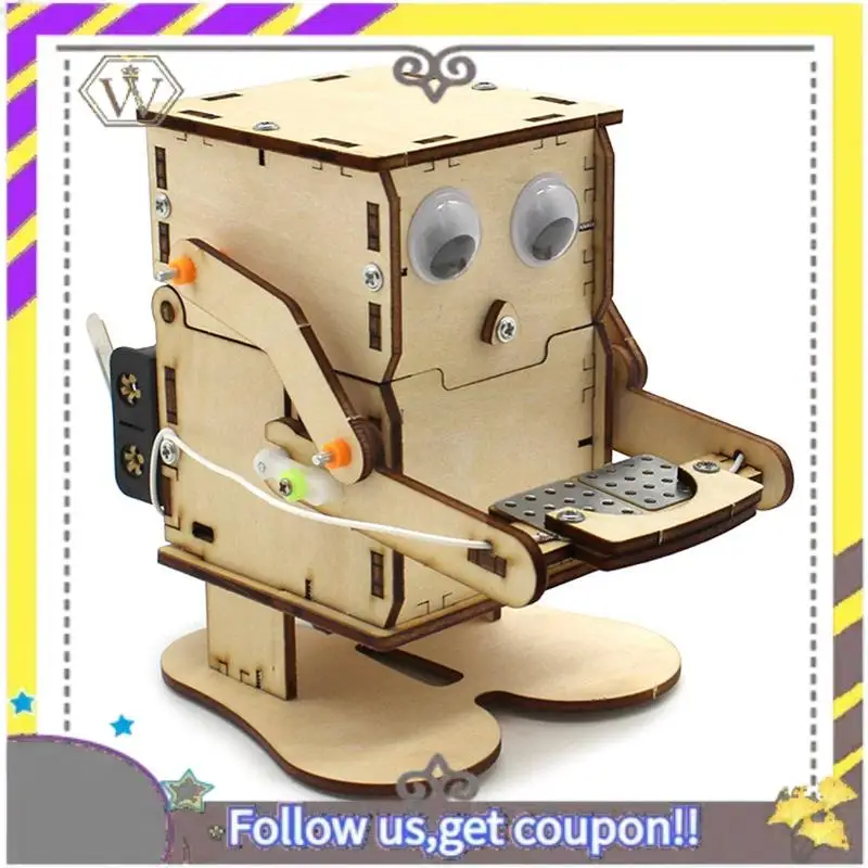 New Robot Eating Coin Wood DIY Model For Kid Science Experiment Wooden Assembly Kit Educational Toy 1Set