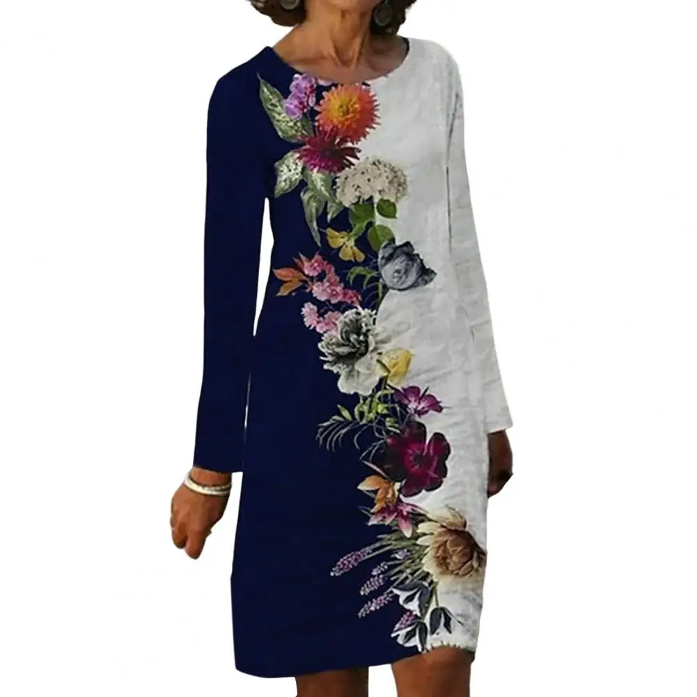 

O-Neck Long Sleeves Women Dress Autumn Floral Print Patchwork Color A-Line Pullover Dress Female Clothing Vestidos De Mujer