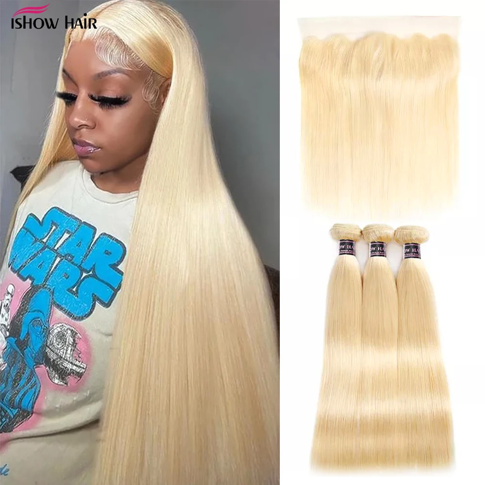 

Ishow 613 Bundles With Frontal Brazilian Bone Straight Hair 3 Bundles With Closure Remy Blonde Human Hair Bundles With Frontal