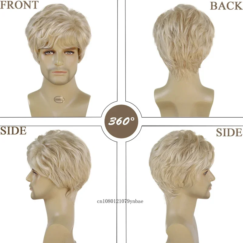 Short Blonde Wig with Bangs Synthetic Hair Wigs for Men Light Blond Color Wig Cosplay Halloween Costume Cool Carnival Party Wigs