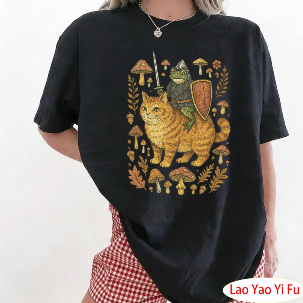 Medieval Frog on Cat Shirt Goblincore T-shirt Cute Cat Print Tees Weird Stuff Unhinged Tops Funny Women Shirt Summer Tees