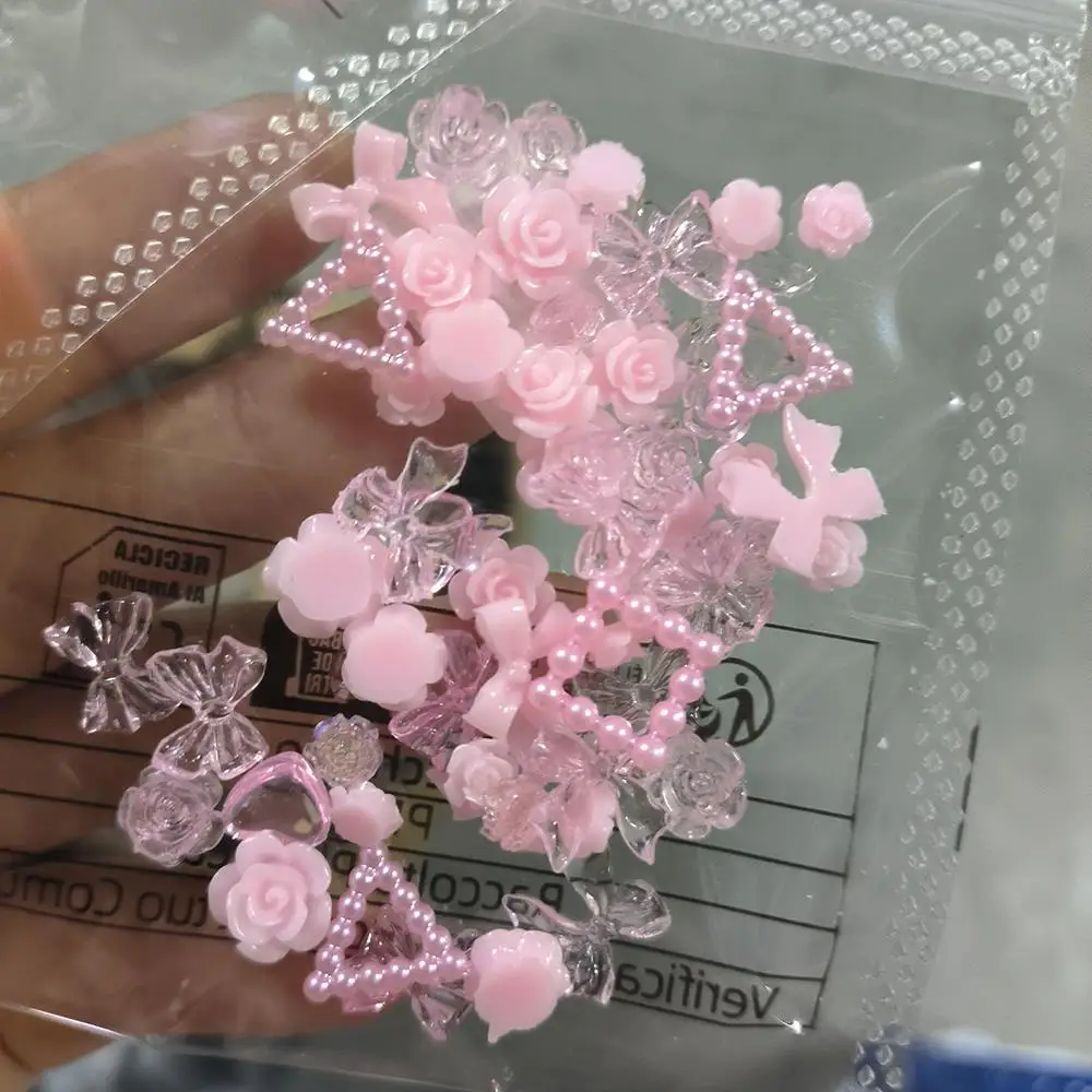 50/100pcs 3D Random Mixed Rose Bow Nail Charms Mix Simulation Pearls Y2K Nail Art Decorations Korean Sweet Manicure Accessories