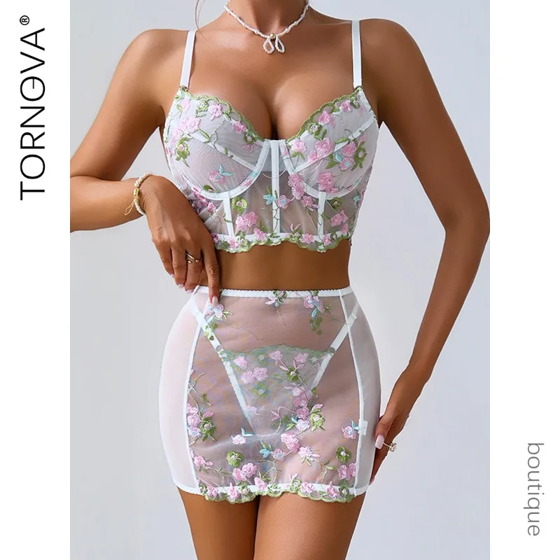 

Tornova Embroidery Floral Sexy Underwear Panty Set 3PCS Slim Exposed Navel See-through Mesh Patchwork Interesting Bralette Set