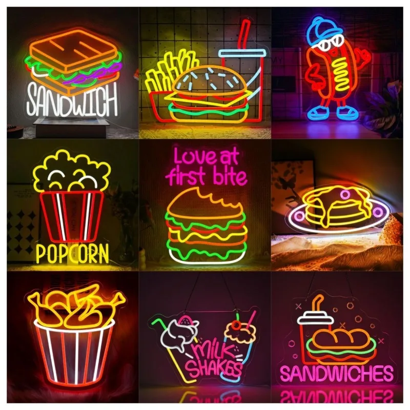 Neon Popcorn Sandwich Fast Food American, Hamburger Snack Bar Restaurant Wall Glowing Signs Hanging